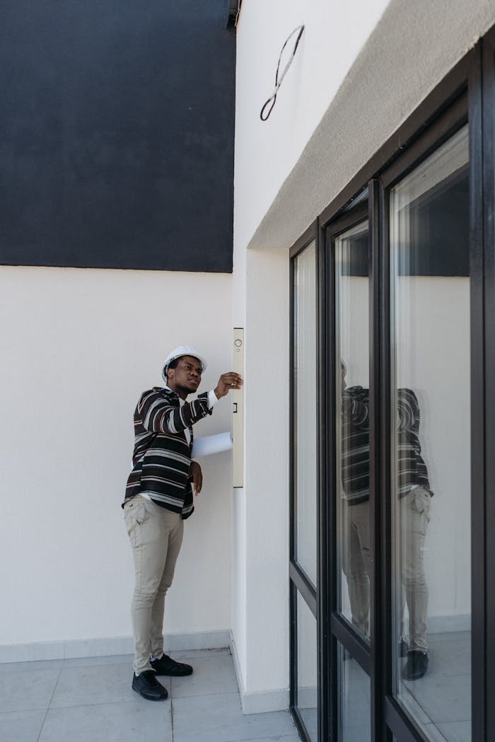 Architect with hard hat inspecting glass doors in a modern building outdoors.